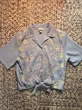 Vintage Coastal Grandmacore Blue Floral Collared Button Blouse Top Women’s Large